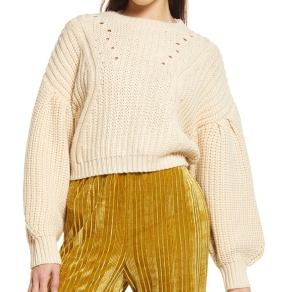Topshop Cream Pointelle Knit Sweater Small Balloon Sleeve Chunky Pullover NWT - Picture 1 of 13